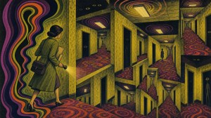 A woman with a flashlight walks into an endless maze of yellow hallways with swirling red carpet
