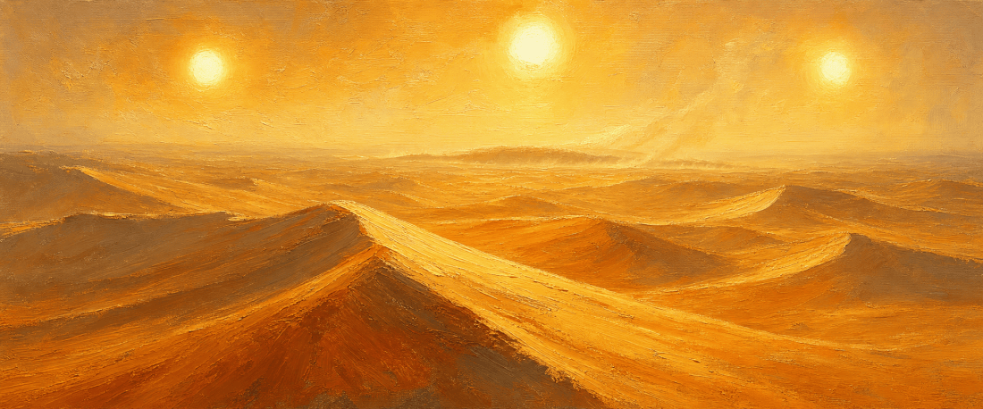 Golden desert dunes stretching to the horizon under three blazing suns