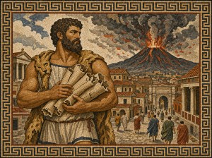 Mosaic of a bearded man in a lion skin clutching scrolls in a Roman street as a volcano erupts behind