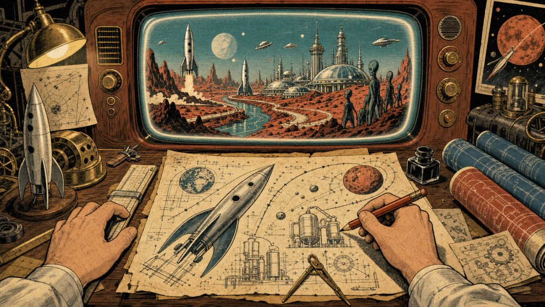 Hands drafting rocket blueprints at a desk below a retro TV showing a Martian city with rockets and aliens
