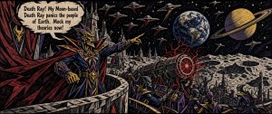 A caped villain on a moon base points a giant ray cannon at Earth, captioned "Death Ray! My Moon-based Death Ray..."