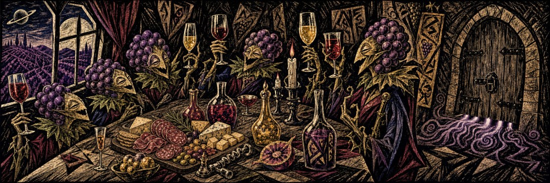 Woodcut-style banquet of grape-cluster creatures with masked faces drinking wine by candlelight near an arched wooden door