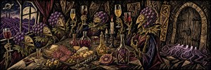 Woodcut-style banquet of grape-cluster creatures with masked faces drinking wine by candlelight near an arched wooden door
