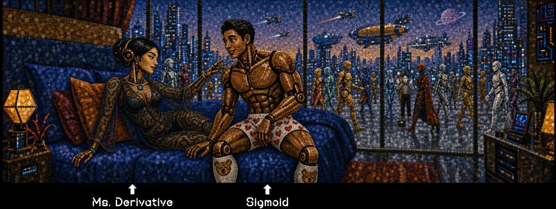 A woman and an android man on a bed overlooking a futuristic city, labeled "Ms. Derivative" and "Sigmoid"