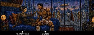 A woman and an android man on a bed overlooking a futuristic city, labeled "Ms. Derivative" and "Sigmoid"