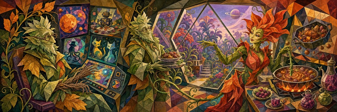 Colorful geometric scene of leafy plant-people at screens and a red-leafed woman cooking a pot in a greenhouse kitchen