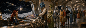 Aliens, robots and humans line up to hand illustrated manuscripts to a red-haired woman at a desk on a lunar station
