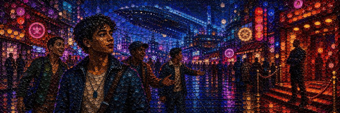 Mosaic-style neon nightclub street scene: a young man and friends approach a velvet-rope entrance under a hovering ship