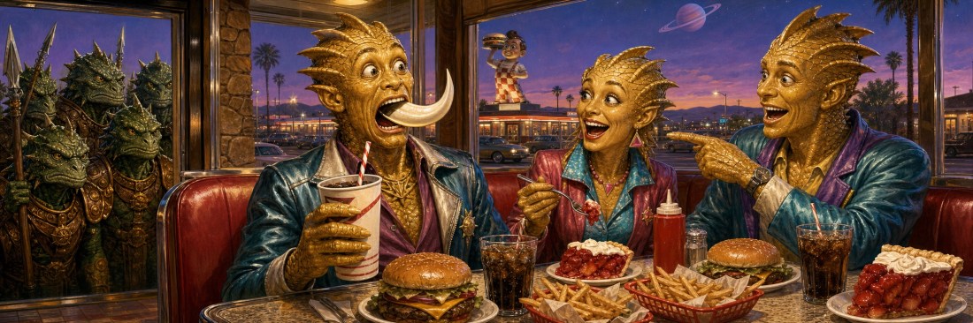 Three golden spiky-headed aliens laugh over burgers, fries and pie in a retro diner as armored lizard guards look on