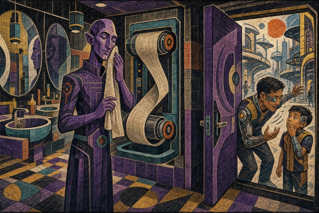 A purple-skinned alien dries his face in a futuristic restroom as a startled man and boy peer in through the door