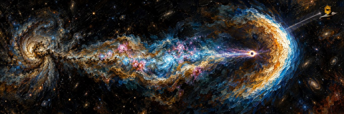 Illustration of a swirling galaxy-like cosmic stream flowing toward a small black hole, with a tiny spacecraft at upper right