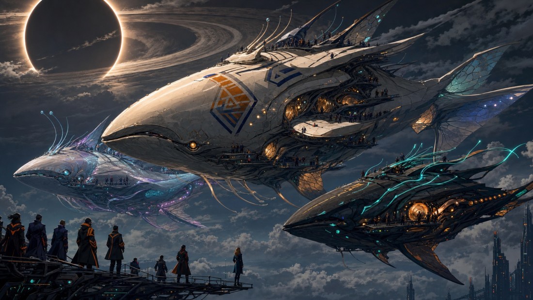 Onlookers on a high walkway watch giant whale-shaped airships glide past an eclipsed, ringed planet
