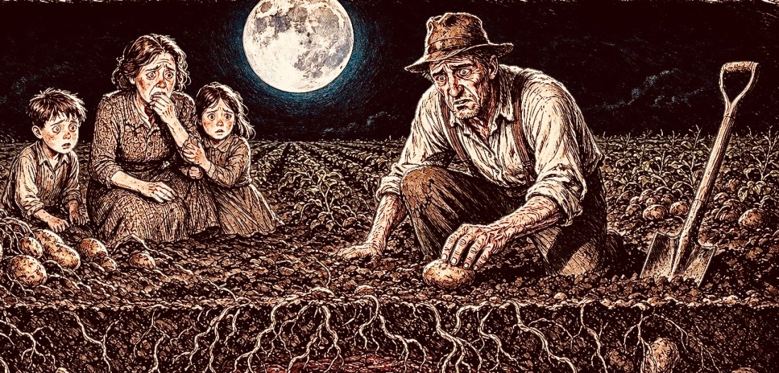 A farmer kneels in a moonlit potato field holding a potato while his frightened wife and children huddle nearby