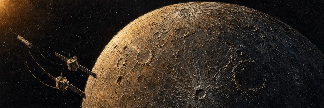 Two satellites orbiting close to the cratered, sunlit surface of the planet Mercury