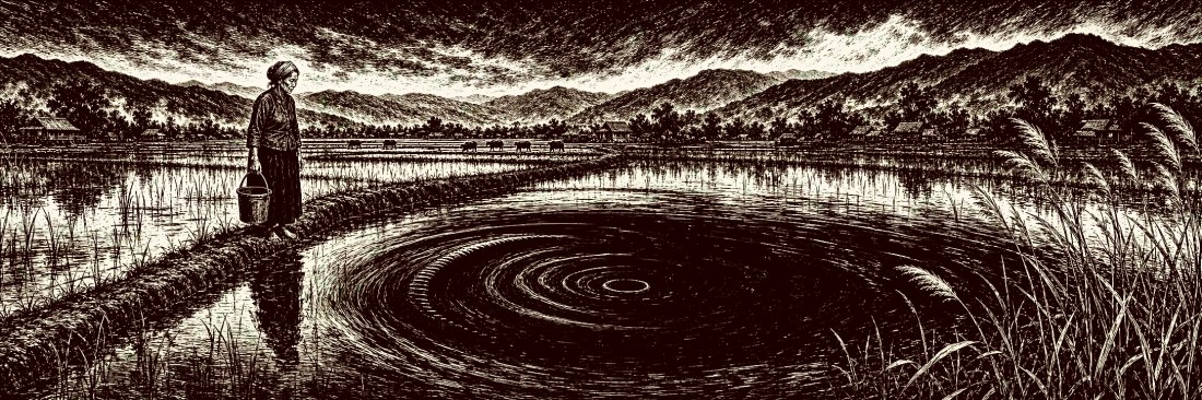 Etched-style illustration of an old woman with a bucket on a paddy dike beside a dark swirling pool in the rice field