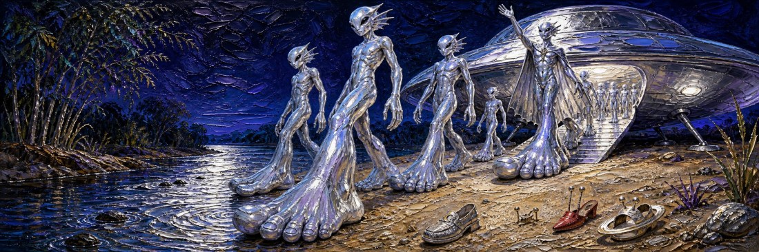 Silver aliens with huge bare feet walk from a landed flying saucer along a moonlit shore, leaving human shoes behind