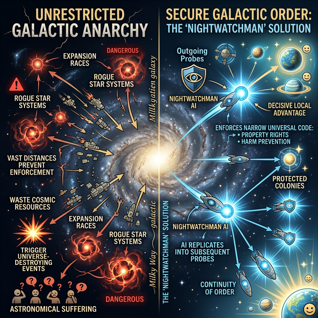 Infographic contrasting unrestricted galactic anarchy with secure Nightwatchman AI governance
