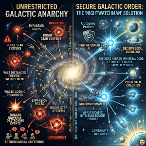Infographic contrasting unrestricted galactic anarchy with secure Nightwatchman AI governance