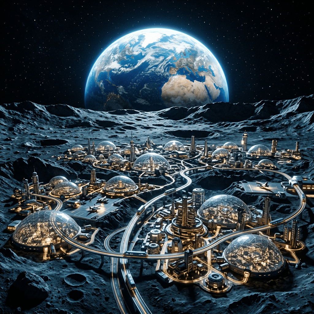Futuristic lunar colony with illuminated domes beneath Earth and stars