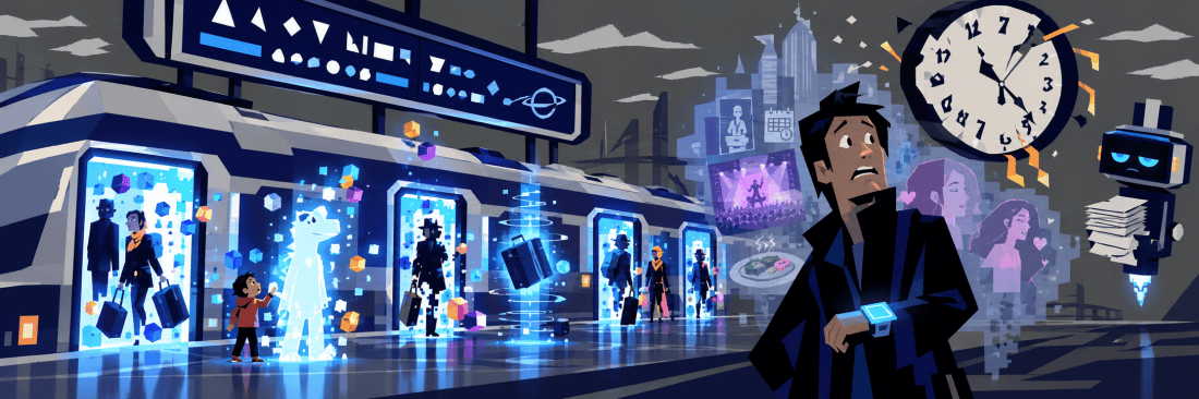 A panicked man checks his wrist device at a futuristic train station as people pass through glowing portals and a clock spins