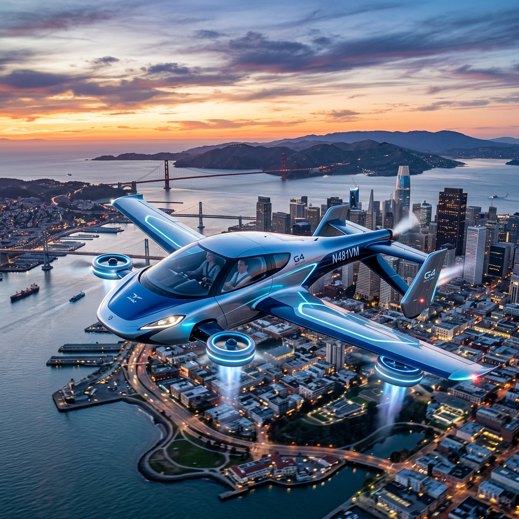Futuristic aircraft marked G4 and N481VM flying over San Francisco