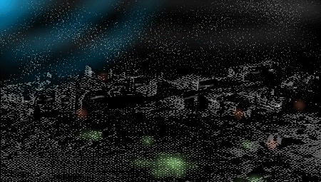 Dark, grainy night view of a ruined city under a smoky blue-green sky, with faint green glows among the rubble