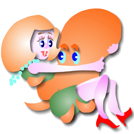 Cartoon of a pink-cheeked woman with curly orange hair, pearls, a green skirt and red high heels hugging a giant smiling orange head with blue eyes