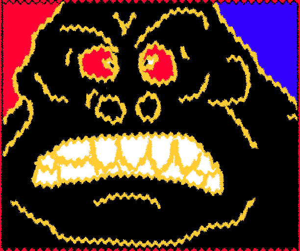 Crude drawing of a huge black monster face with glaring red eyes and a mouthful of jagged yellow teeth, framed in red and blue