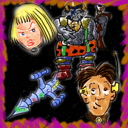 Drawing of a blond woman scowling, a bearded warrior in horned armor with a blaster, a man with brown hair, and a small blue spaceship, on a black background with a purple-and-orange border