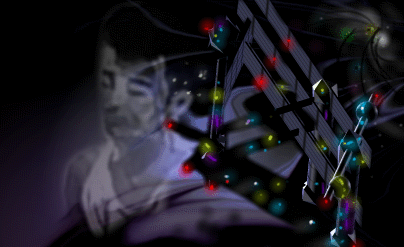 Dark computer-art image of a man's ghostly face beside a lattice-like space structure studded with colored lights