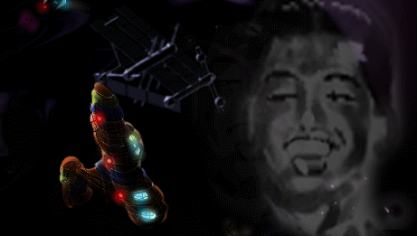 Dark computer-art image of a smiling man's ghostly face, with a space station framework and a lumpy, glowing alien craft
