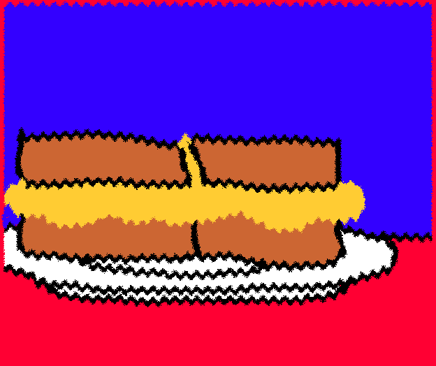 Crude drawing of a peanut butter sandwich on a white plate, against a blue and red background