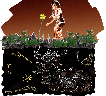 Painting of a dark-haired girl in a ragged dress reaching for a yellow flower growing from the soil, while below ground lie bones, a skull and a buried skeletal creature