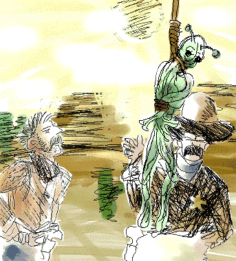 Sketchy painting of a green alien with antennae hanging from a noose, watched by two rough-looking men in hats
