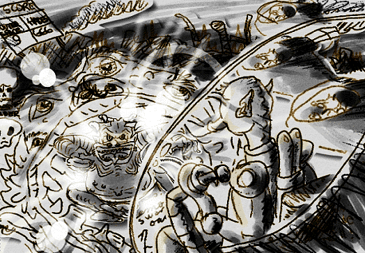 Busy black-and-white engraving-style drawing of grotesque alien faces and figures swirling through a machine-like landscape