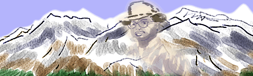 Painting of snow-capped mountains with the large face of a bearded man in a hat looming over the peaks