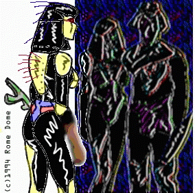 Stylized drawing of a sleek black-and-yellow female robot in profile beside two dark, glowing-outlined humanoid figures