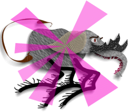 Drawing of a gray creature that is part roach, part elephant, with spindly legs and a trunk, against bursts of pink