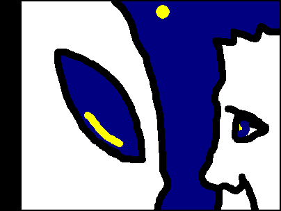 Simple bold cartoon of an alien with a large dark almond eye facing a man's profile against a dark blue night sky