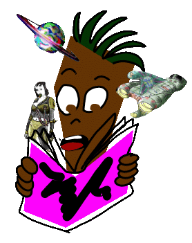 Cartoon of a startled brown man with spiky green hair reading a pink magazine as a ringed planet, a spaceship and a woman pop out of it