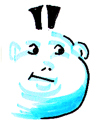 Simple cartoon of a round, pale blue bald head with a flat-top tuft, beady eyes and a smug little smile