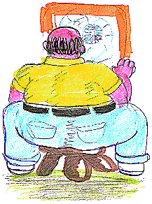 Crayon drawing seen from behind of a heavyset man in a yellow shirt and light jeans sitting on a stool facing a framed picture