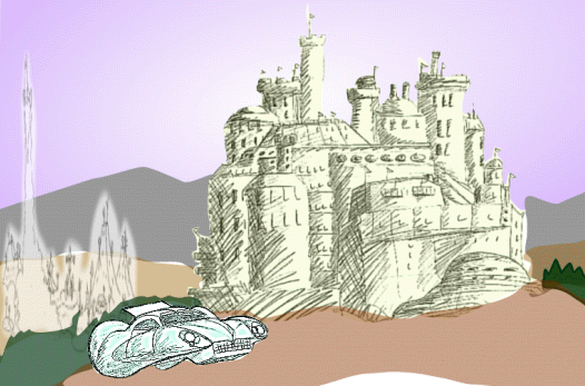 Drawing of a pale towered castle on a hill with a sleek hover-vehicle parked in front and tall spires in the distance