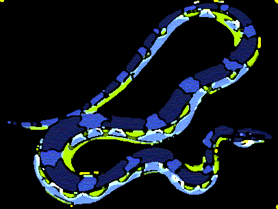 Drawing of a long blue-and-yellow patterned snake coiling across a black background