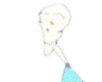 Faint, ghostly sketch of a pale skull-like face above a light blue body