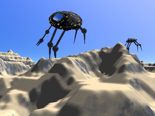 Computer render of spidery, long-legged probe machines with dark domed bodies walking over a rocky tan landscape under a blue sky