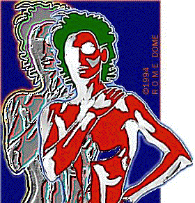 Stylized drawing of a muscular figure with green hair, a pale face and a red-patterned body, outlined in white against blue