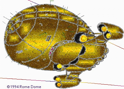 Drawing of a bulbous golden spaceship with round engine pods, covered in a grid of lines