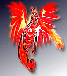 Glowing red and orange dragon with outstretched fiery wings against a pale background