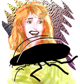 Drawing of a startled woman with red hair as a huge black cockroach crawls across the front of her